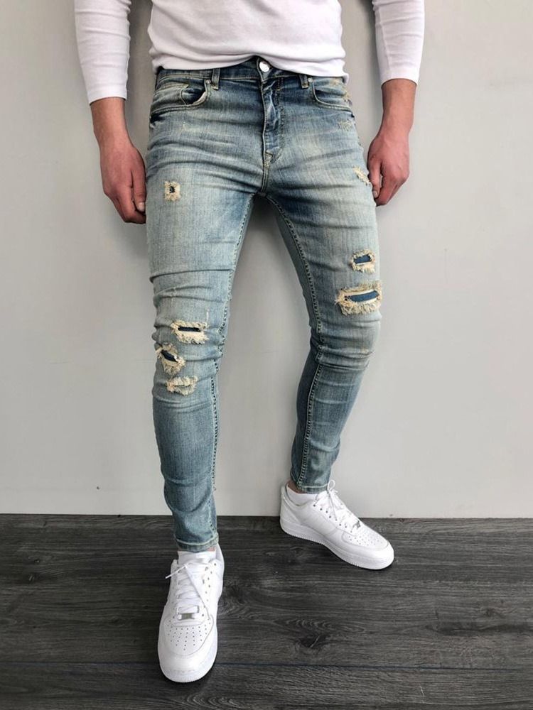 Slitna Pencil Pants Color Block Dragkedja Skinny Mid Waist Herr Jeans