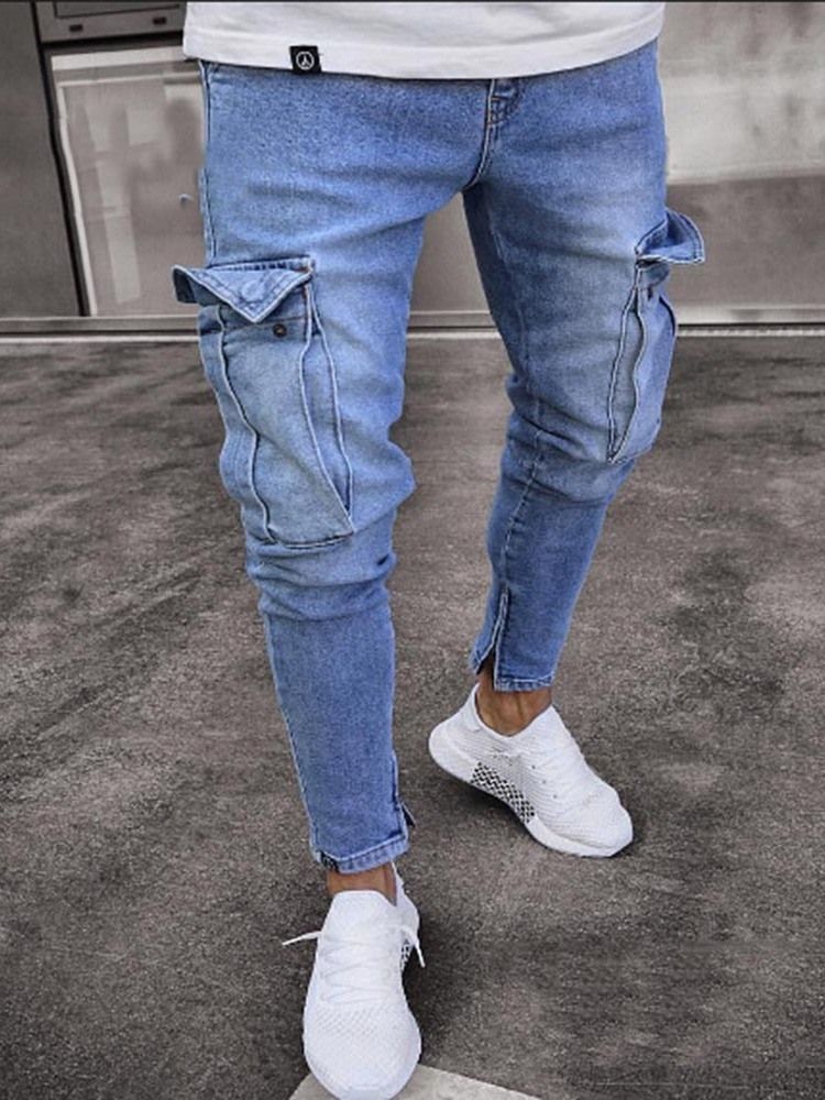 Slitna Vanliga Pencil Byxor Dragkedja Herr Casual Jeans