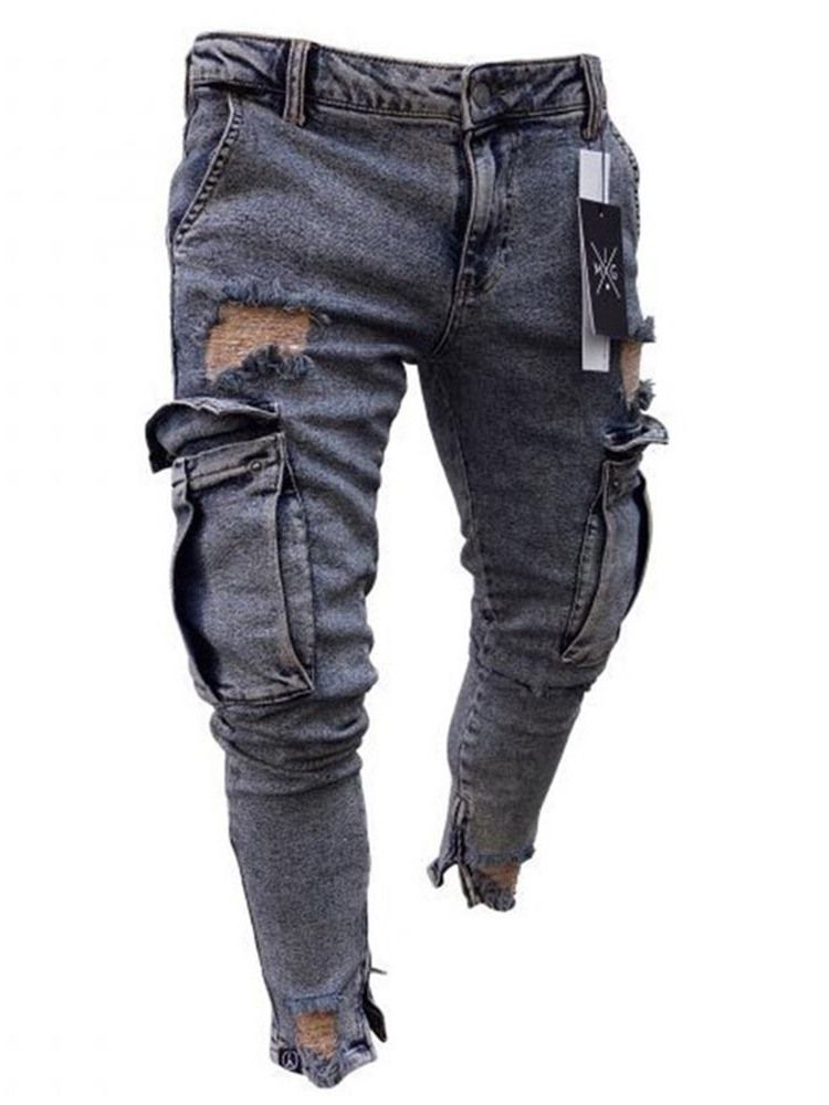 Slitna Vanliga Pencil Byxor Dragkedja Herr Casual Jeans