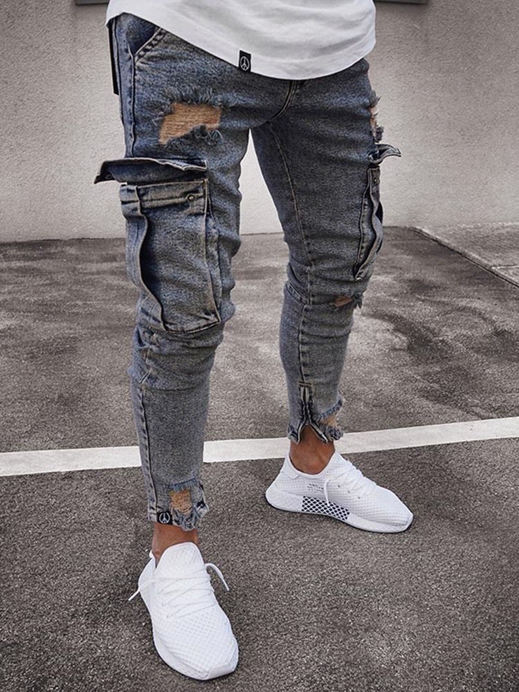 Slitna Vanliga Pencil Byxor Dragkedja Herr Casual Jeans