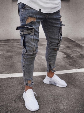 Slitna Vanliga Pencil Byxor Dragkedja Herr Casual Jeans