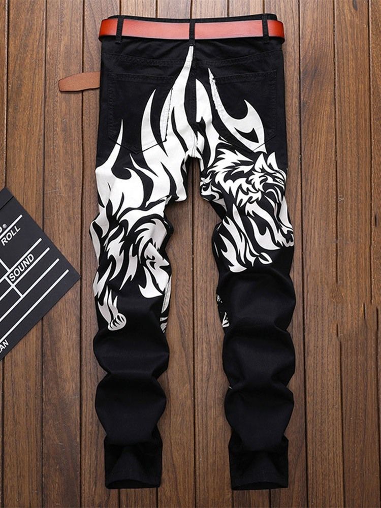 Straight Print Zipper European Jeans