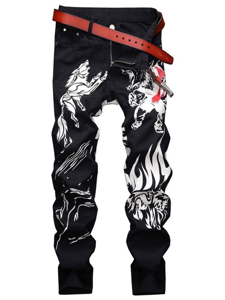 Straight Print Zipper European Jeans