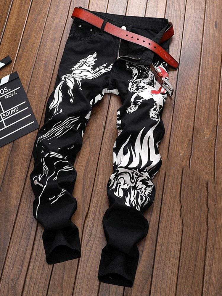 Straight Print Zipper European Jeans
