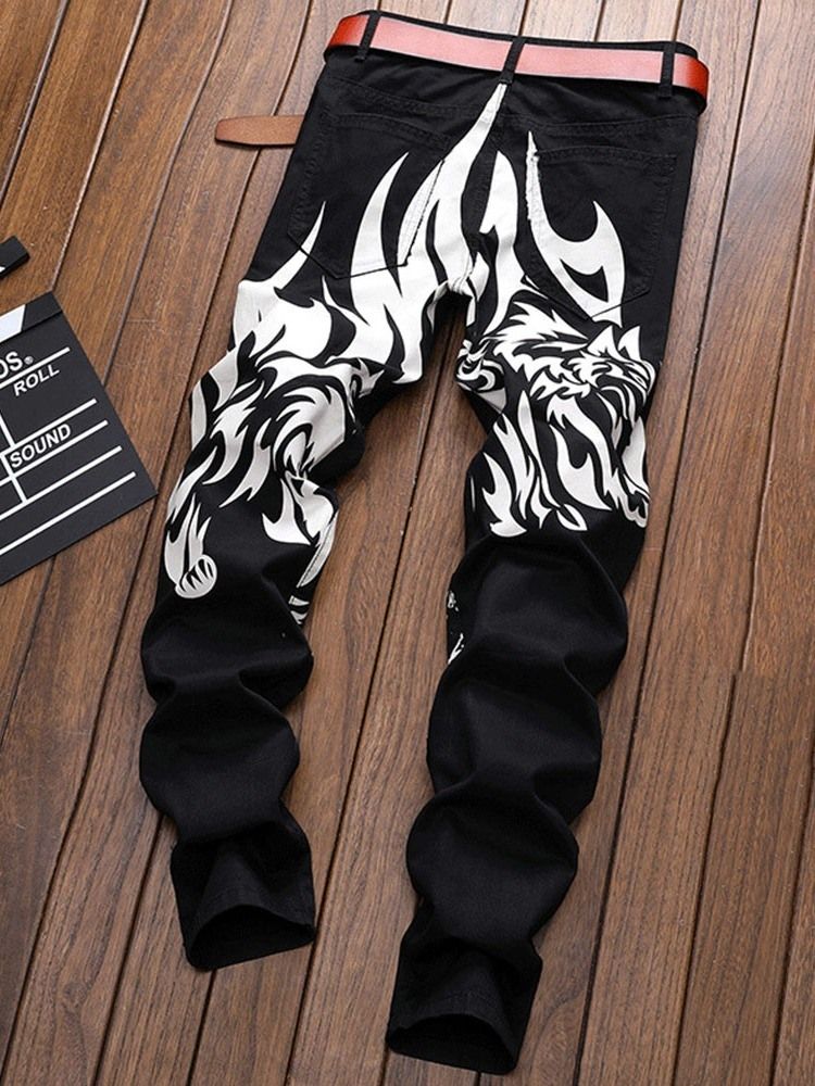 Straight Print Zipper European Jeans