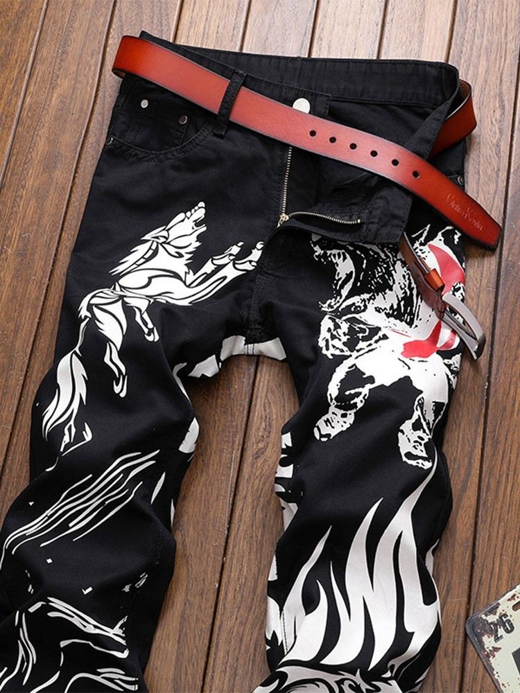 Straight Print Zipper European Jeans