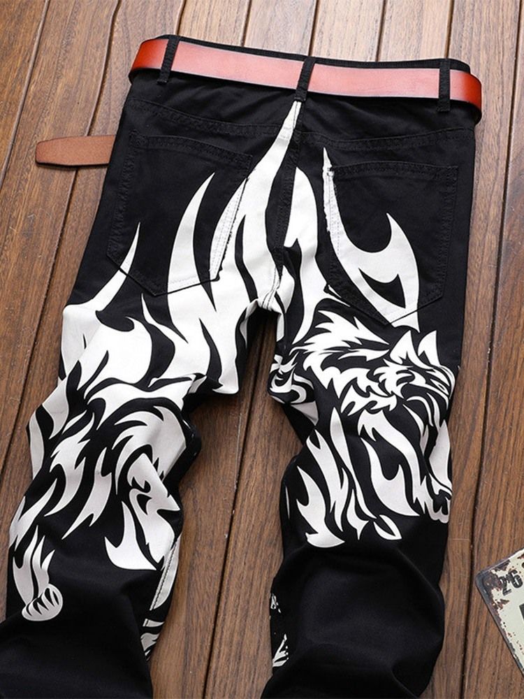 Straight Print Zipper European Jeans
