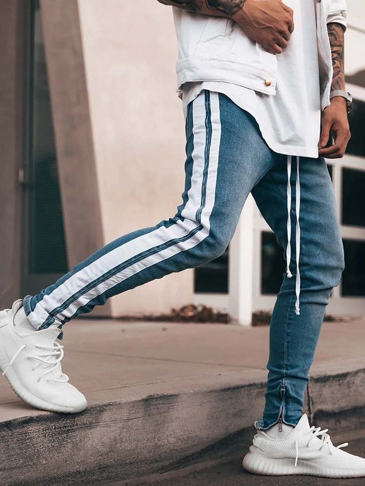 Tunnrandiga Pennbyxor Casual Spetsade Jeans För Män