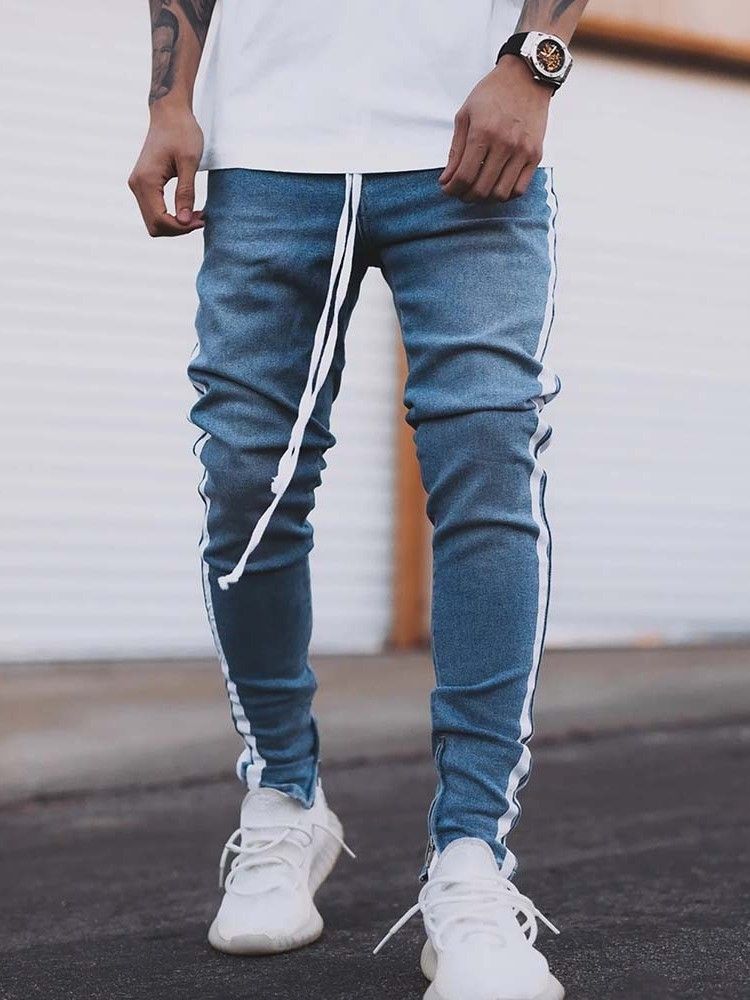 Tunnrandiga Pennbyxor Casual Spetsade Jeans För Män