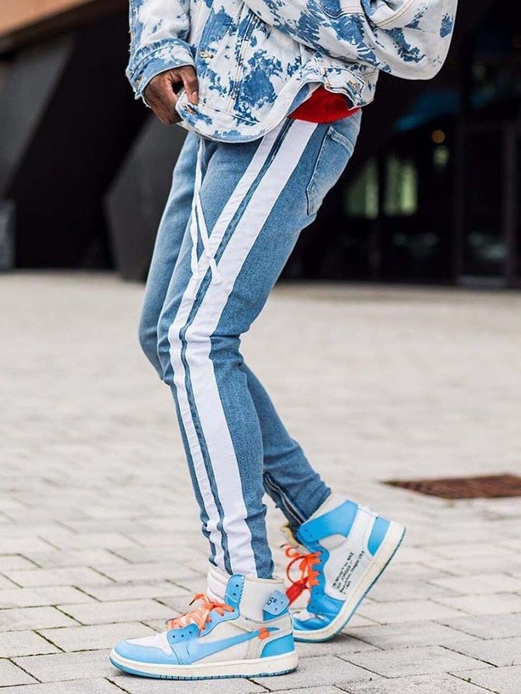 Tunnrandiga Pennbyxor Casual Spetsade Jeans För Män