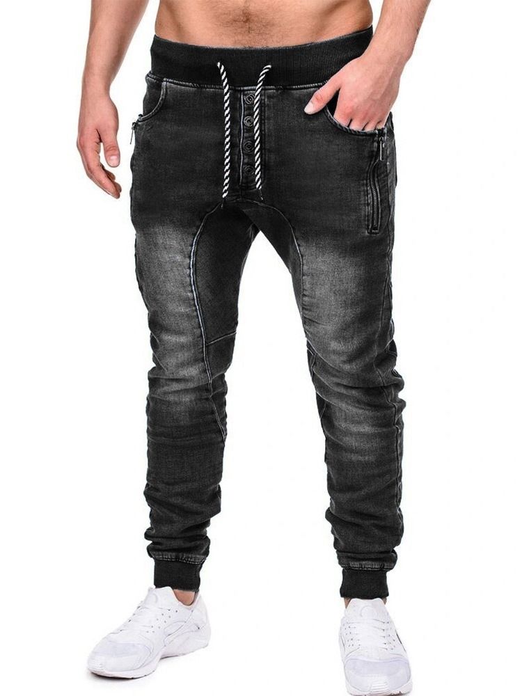 Vanlig Dragkedja Pencil Byxor Casual Lace-Up Herr Jeans