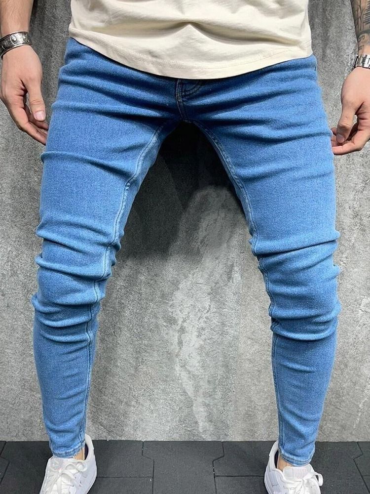 Vanlig Knapp Pencil Byxor Casual Zipper Herr Jeans