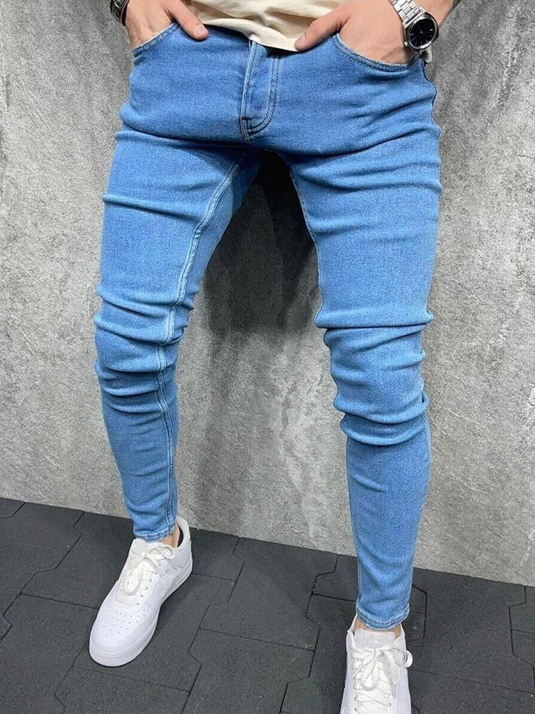 Vanlig Knapp Pencil Byxor Casual Zipper Herr Jeans