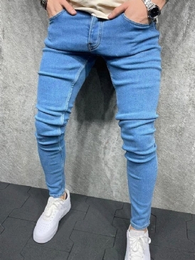 Vanlig Knapp Pencil Byxor Casual Zipper Herr Jeans