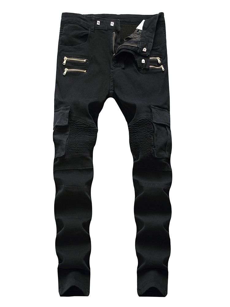 Vanlig Veckad Dragkedja Med Mitten Av Midjan För Män Jeans