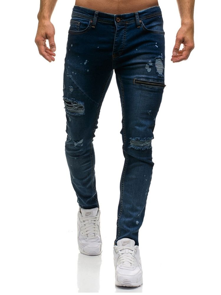 Vanliga Oelastiska Slitna Mäns Casual Ripped Jeans