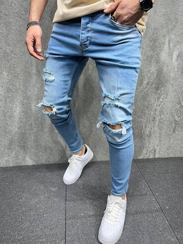 Vanliga Pencil Byxor Hål Europeiska Mid Waist Casual Jeans