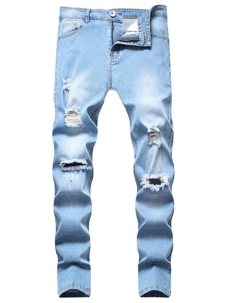 Vanliga Pencil Byxor Hål Europeiska Mid Waist Casual Jeans