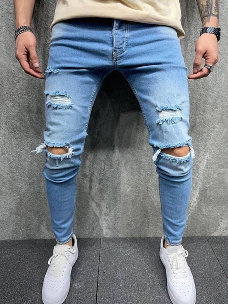 Vanliga Pencil Byxor Hål Europeiska Mid Waist Casual Jeans