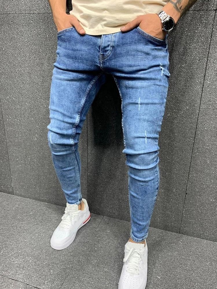 Vanliga Pencil Byxor Mid Waist Europeiska Mäns Jeans