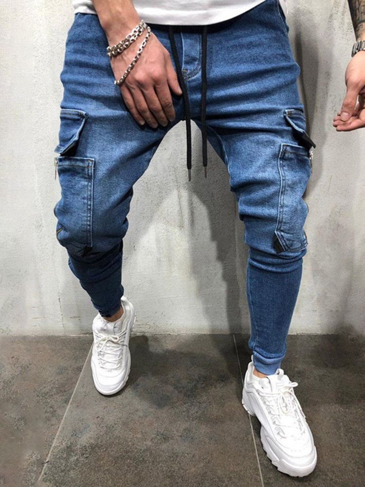 Vanliga Pocket Pencil Pants Herr Jeans Med Snörning