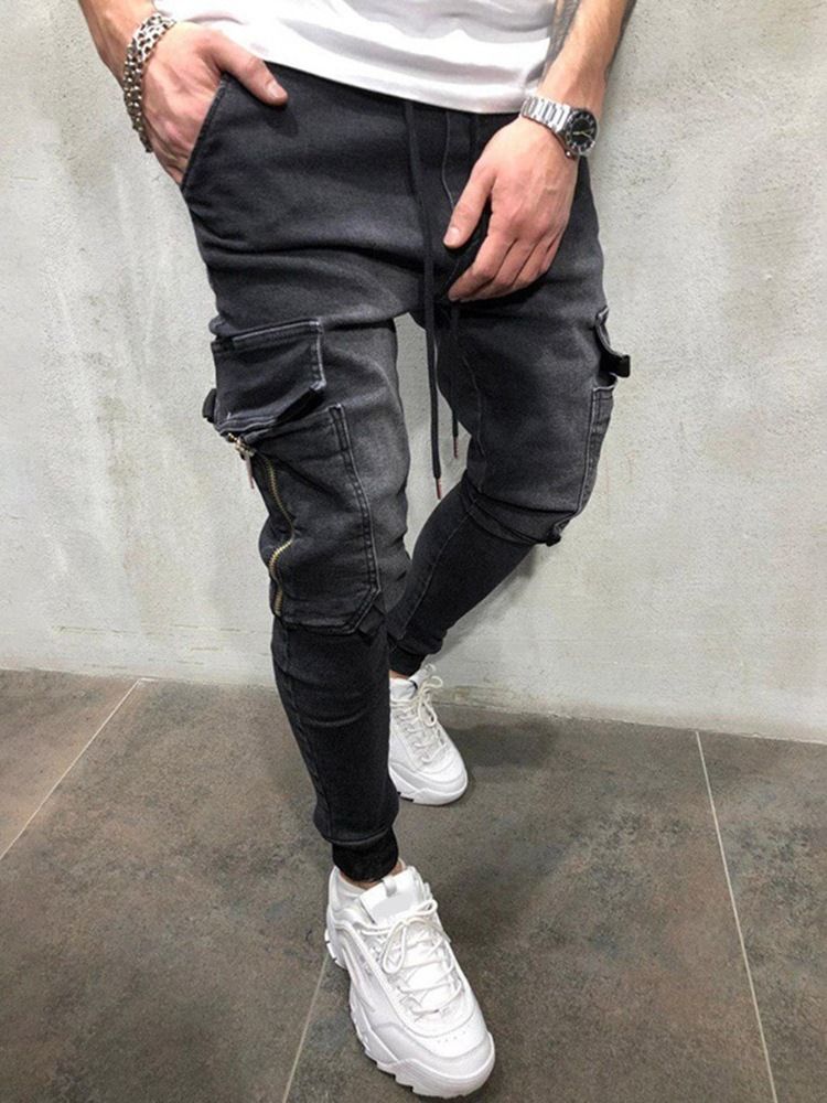 Vanliga Pocket Pencil Pants Herr Jeans Med Snörning