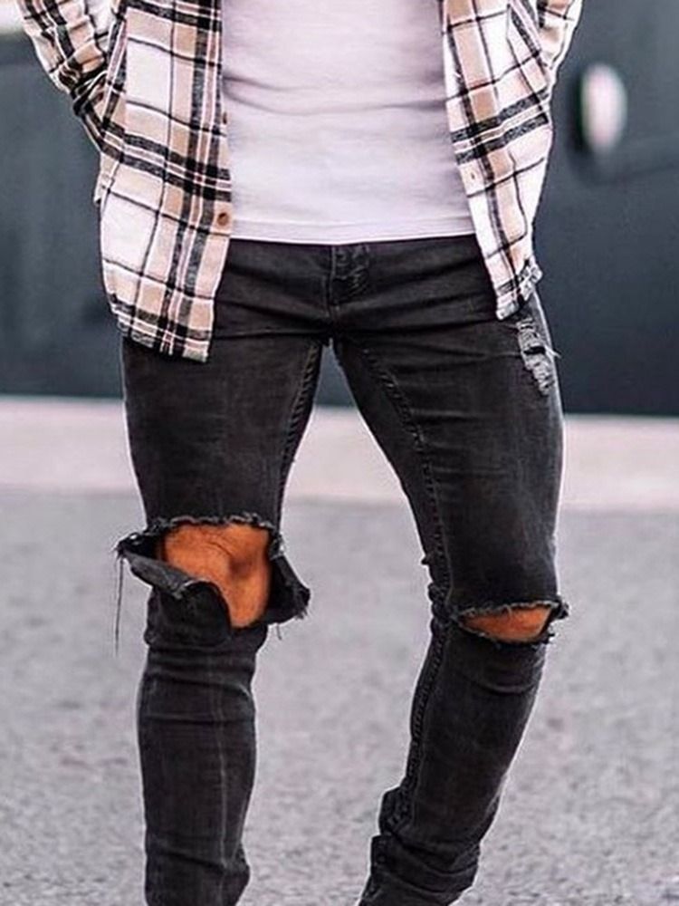 Vanligt Hål Pencil Byxor Casual Zipper Fashion Jeans