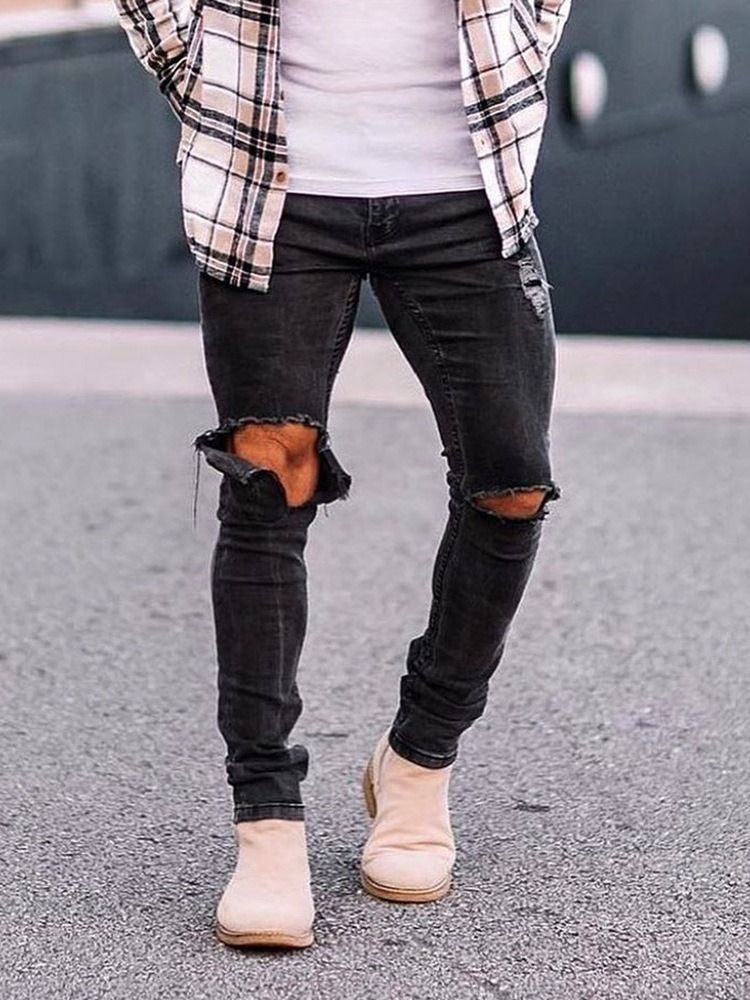 Vanligt Hål Pencil Byxor Casual Zipper Fashion Jeans