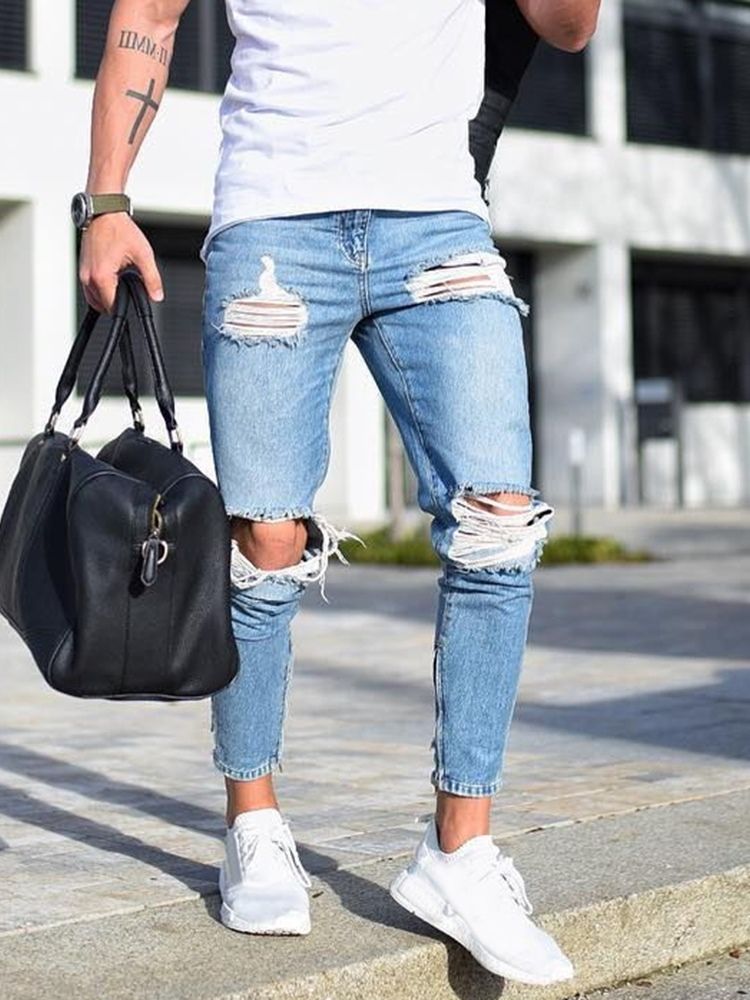 Vanligt Hål Pencil Byxor Mid Waist Dragkedja Herr Jeans