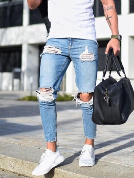 Vanligt Hål Pencil Byxor Mid Waist Dragkedja Herr Jeans