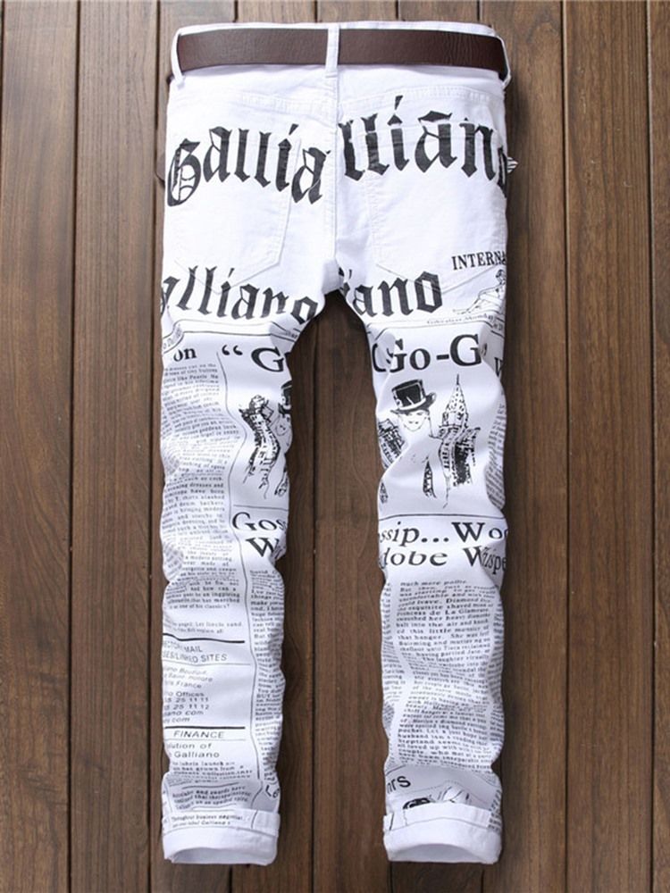 Vit Denim Brevtryck Vogue Slim Jeans För Män