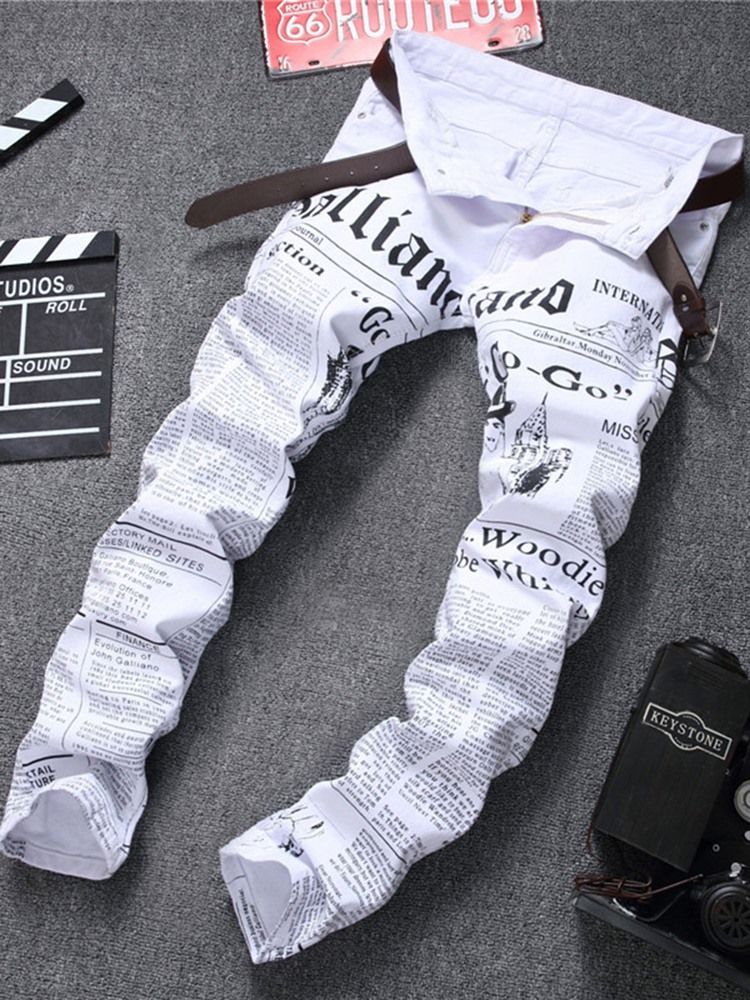 Vit Denim Brevtryck Vogue Slim Jeans För Män