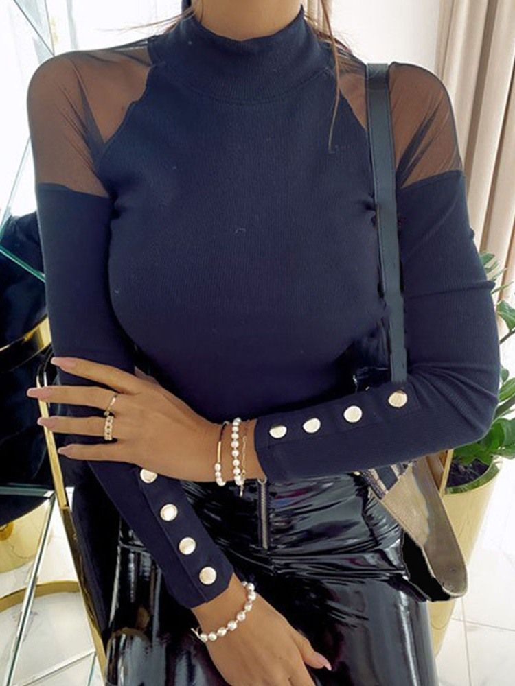 Mesh Raglan Sleeve Stand Collar Slim Sweater