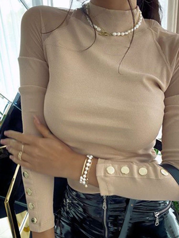 Mesh Raglan Sleeve Stand Collar Slim Sweater