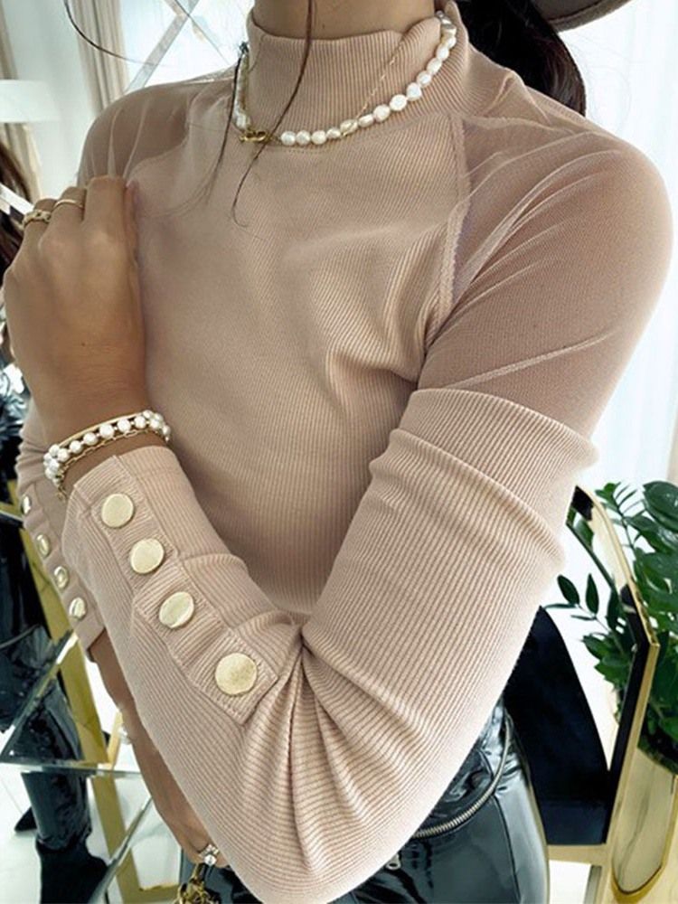 Mesh Raglan Sleeve Stand Collar Slim Sweater