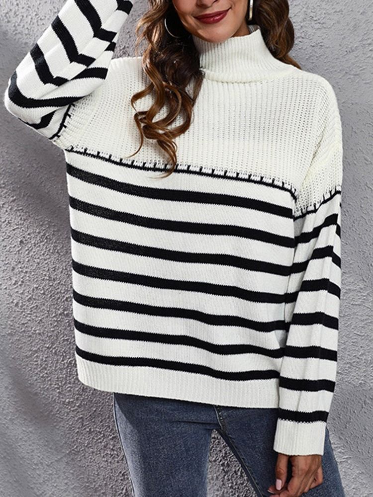 Patchwork Tunn Vanlig Långärmad Tröja Med Turtleneck
