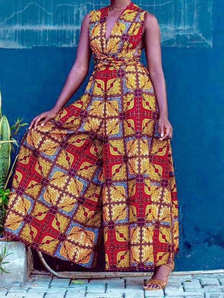 Afrikanskt Mode Dashiki Dragkedja Full Längd Lösa Breda Ben Jumpsuit