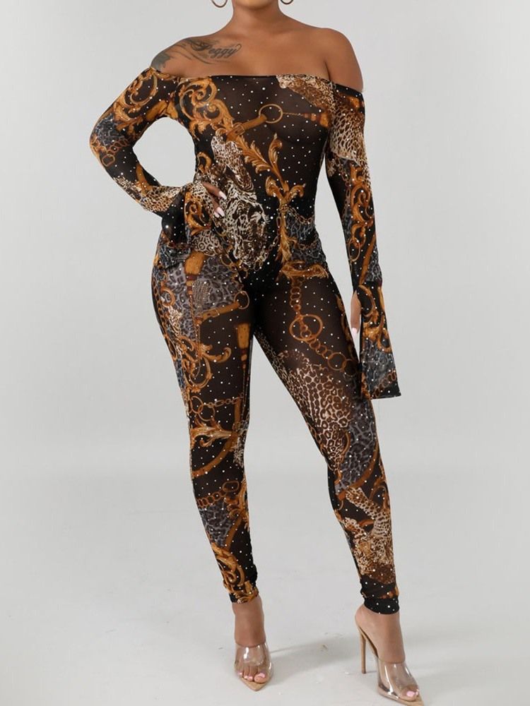 Ankel Längd Färg Block Off Shoulder Sexig Mid Waist Skinny Jumpsuit