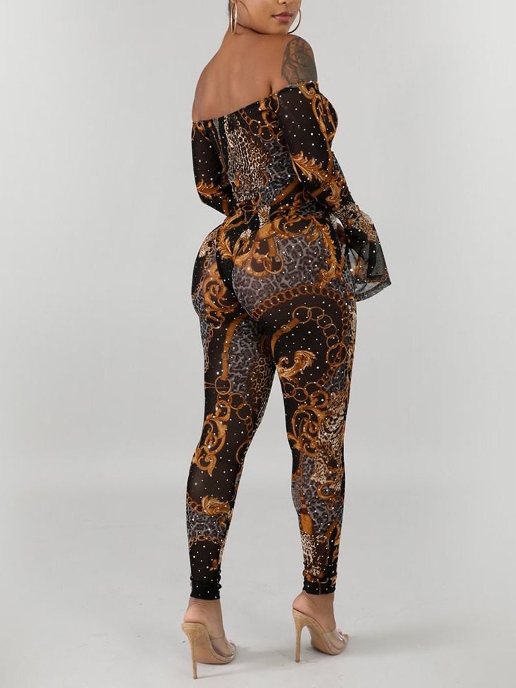 Ankel Längd Färg Block Off Shoulder Sexig Mid Waist Skinny Jumpsuit
