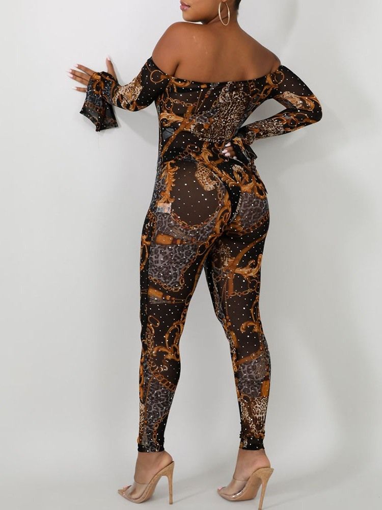Ankel Längd Färg Block Off Shoulder Sexig Mid Waist Skinny Jumpsuit