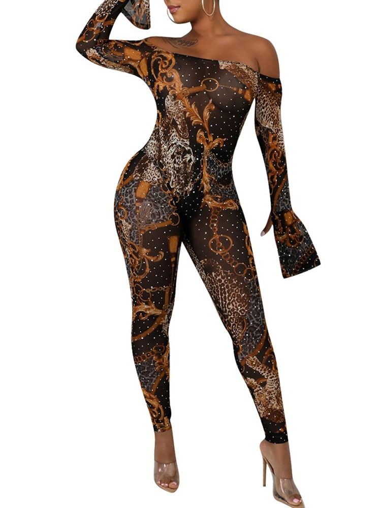 Ankel Längd Färg Block Off Shoulder Sexig Mid Waist Skinny Jumpsuit