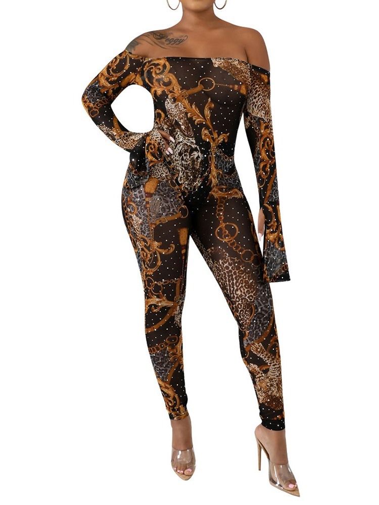 Ankel Längd Färg Block Off Shoulder Sexig Mid Waist Skinny Jumpsuit
