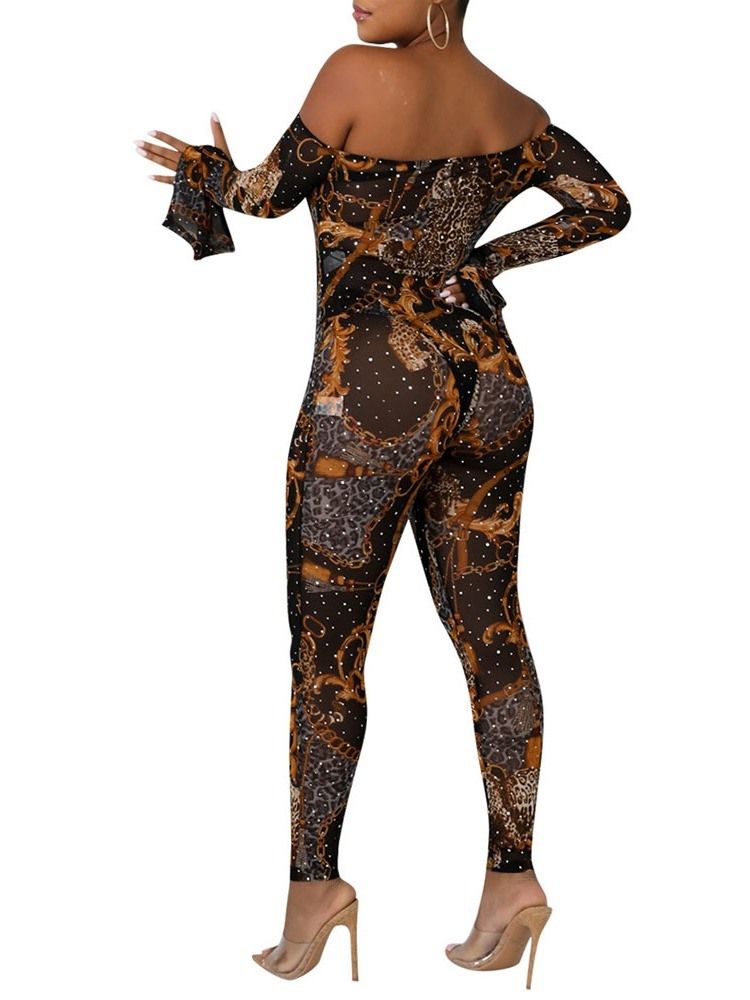 Ankel Längd Färg Block Off Shoulder Sexig Mid Waist Skinny Jumpsuit