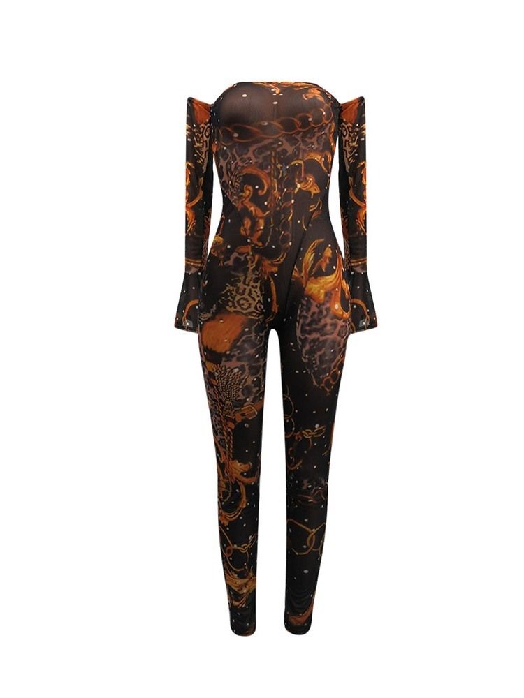 Ankel Längd Färg Block Off Shoulder Sexig Mid Waist Skinny Jumpsuit