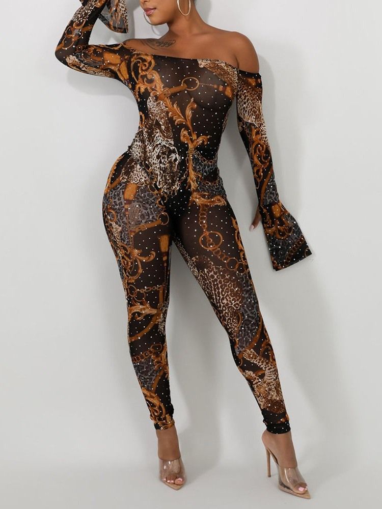 Ankel Längd Färg Block Off Shoulder Sexig Mid Waist Skinny Jumpsuit