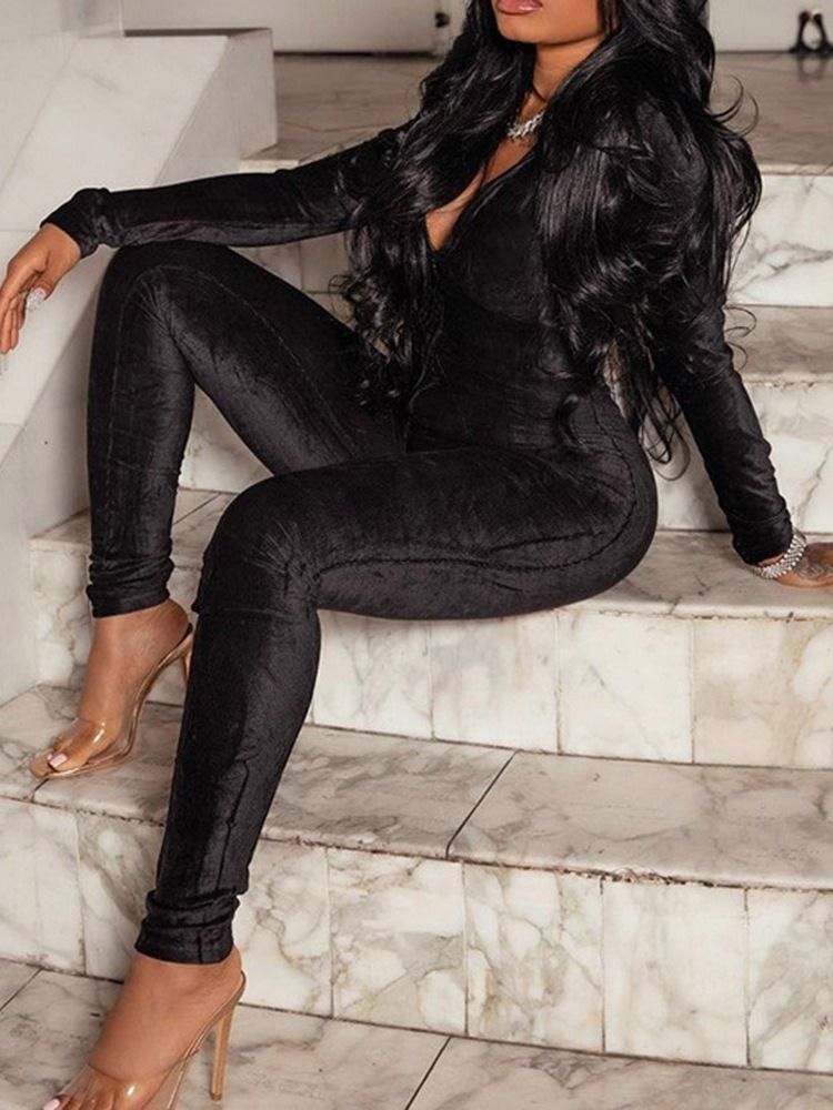 Ankel Svart Längd Sexig Vanlig Pencil Byxor Skinny Jumpsuit