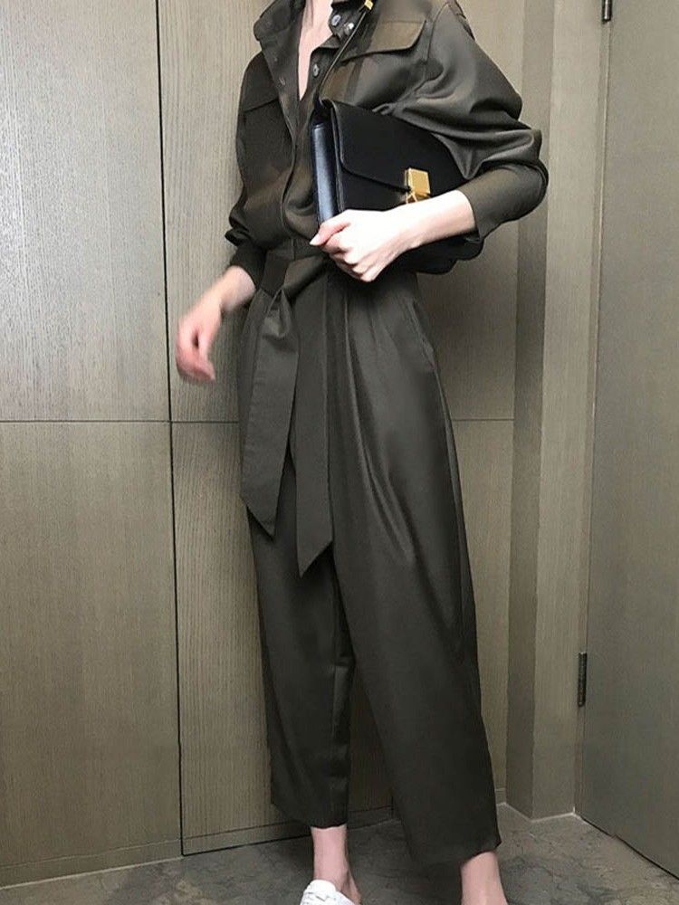 Ankellängd Enkel Snörning Med Mid Midja Slim Jumpsuit För Kvinnor