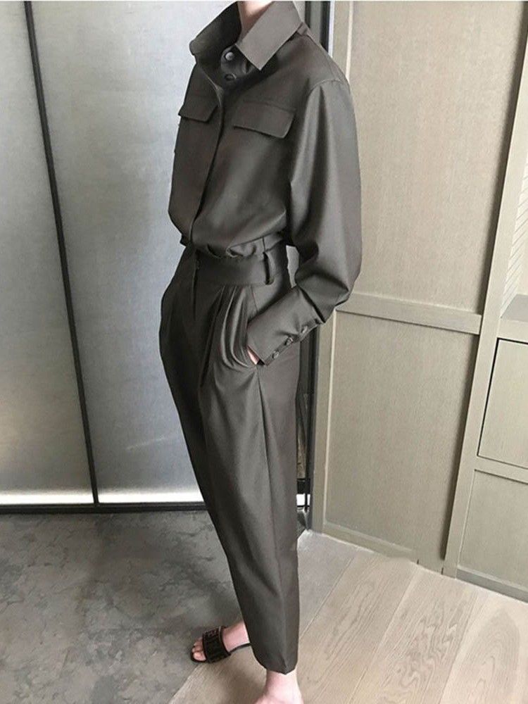 Ankellängd Enkel Snörning Med Mid Midja Slim Jumpsuit För Kvinnor