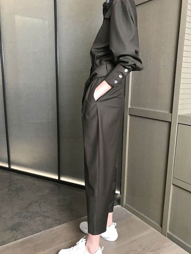 Ankellängd Enkel Snörning Med Mid Midja Slim Jumpsuit För Kvinnor