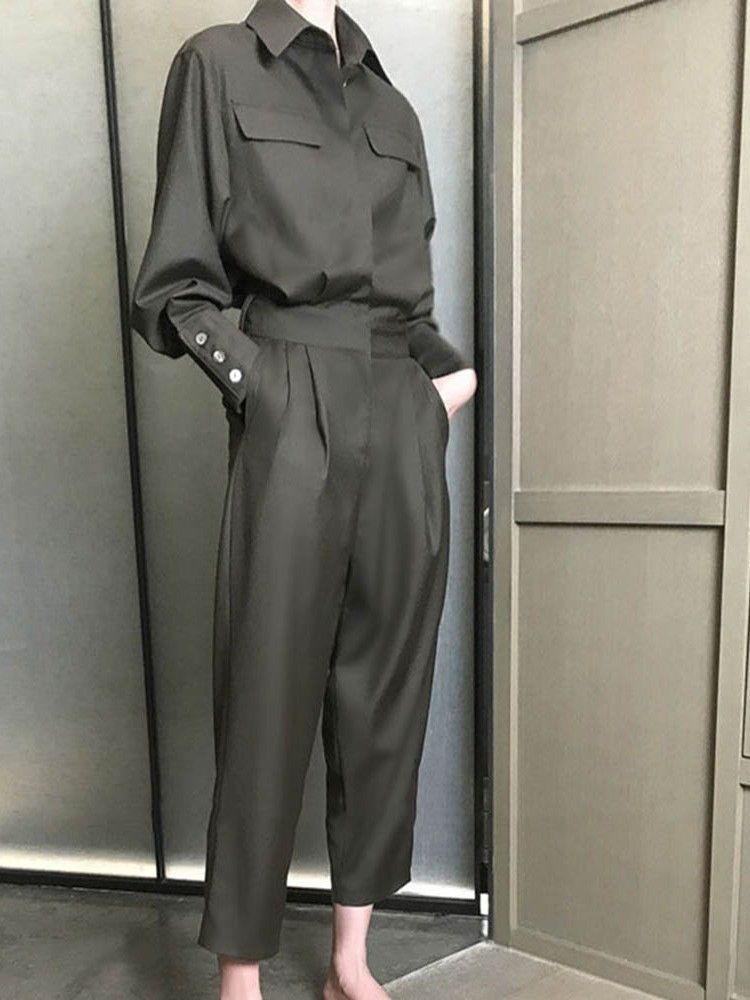 Ankellängd Enkel Snörning Med Mid Midja Slim Jumpsuit För Kvinnor